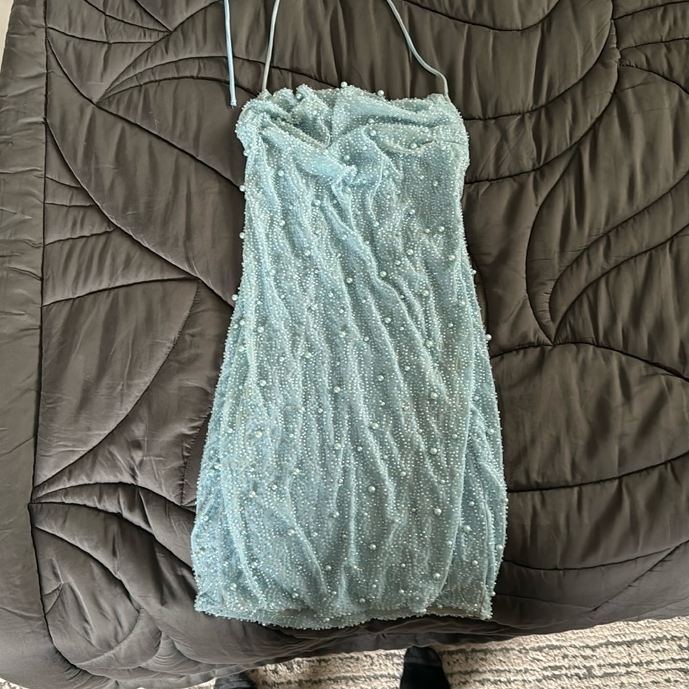 Oh Polly, light blue beaded dress.